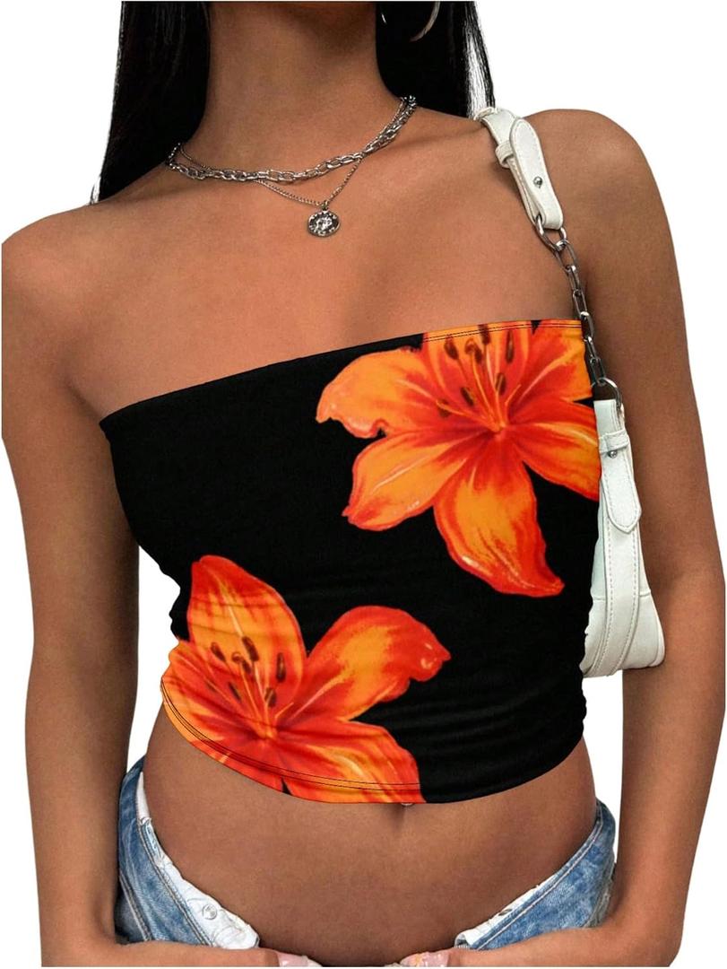 SweatyRocks Women's Y2k Floral Tube Tops Strapless Bandeau Cropped Tops Shirts Clubwear (S)