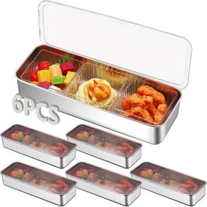 LemonRoad 6 Pcs Stainless Steel Snack Containers 3 Compartments Bento Boxes Reusable Lunch Snack Box with Lids Divided Portable Food Storage Containers for School Party Travel Picnic Home