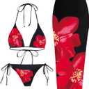 ZAFUL Womens 3pcs Swimsuit Floral Halter Triangle Bikini Top Tie Side Bottom with Long Sheer Cover Up Skirt, Small