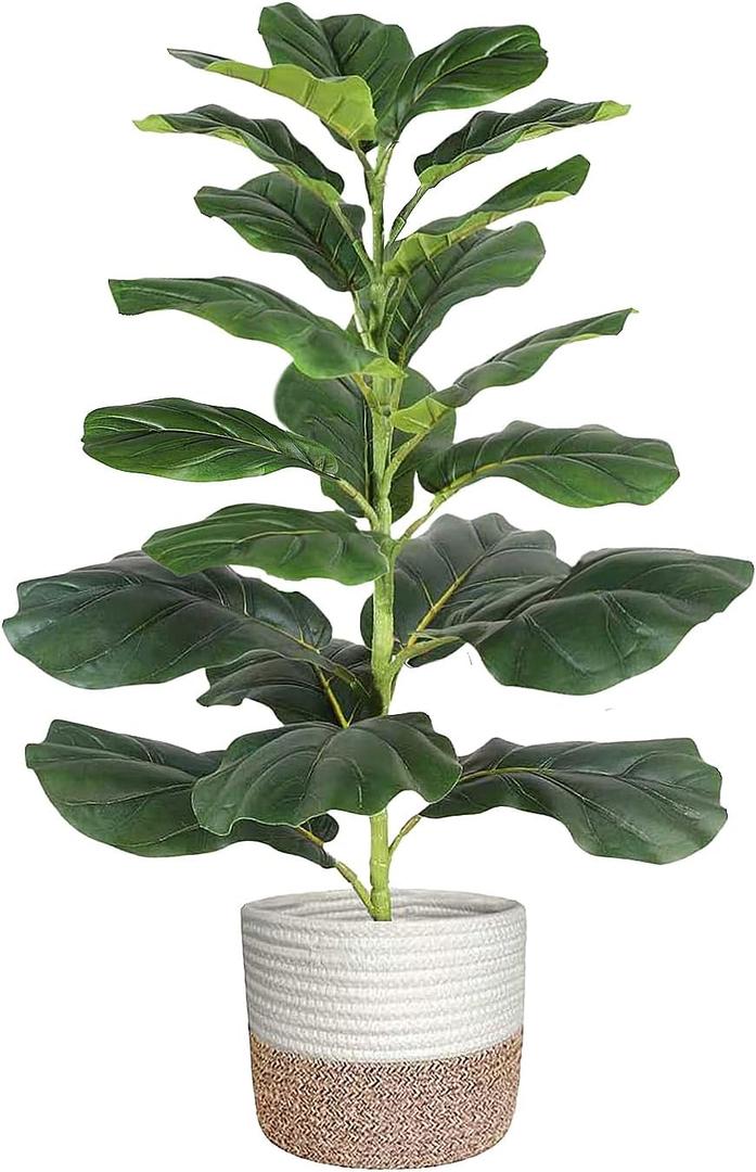 30" Artificial Fiddle Leaf Fig Tree, Realistic Fake Plants Faux Trees Indoor with Cotton Rope Basket, Artificial Plants Indoor for Apartment Home Living Room Office Decor