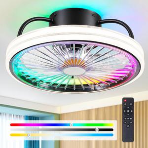 Low Profile Ceiling Fan with Light - Modern Flush Mount Ceiling Fan, 15" RGB Dimmable LED Enclosed Ceiling Fans, Modern Bladeless LED-RGB Ambient Light for Bedroom Kids Room Party（Black）