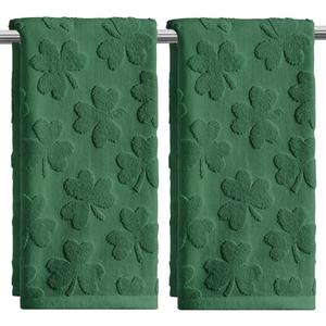 Artoid Mode 2 Pcs Dark Green 3D Shamrock Jacquard Patrick Hand Towels for Bathroom, 100% Cotton Soft Absorbent Bathroom Decor Towels, 13.7 x 29.5 Inch