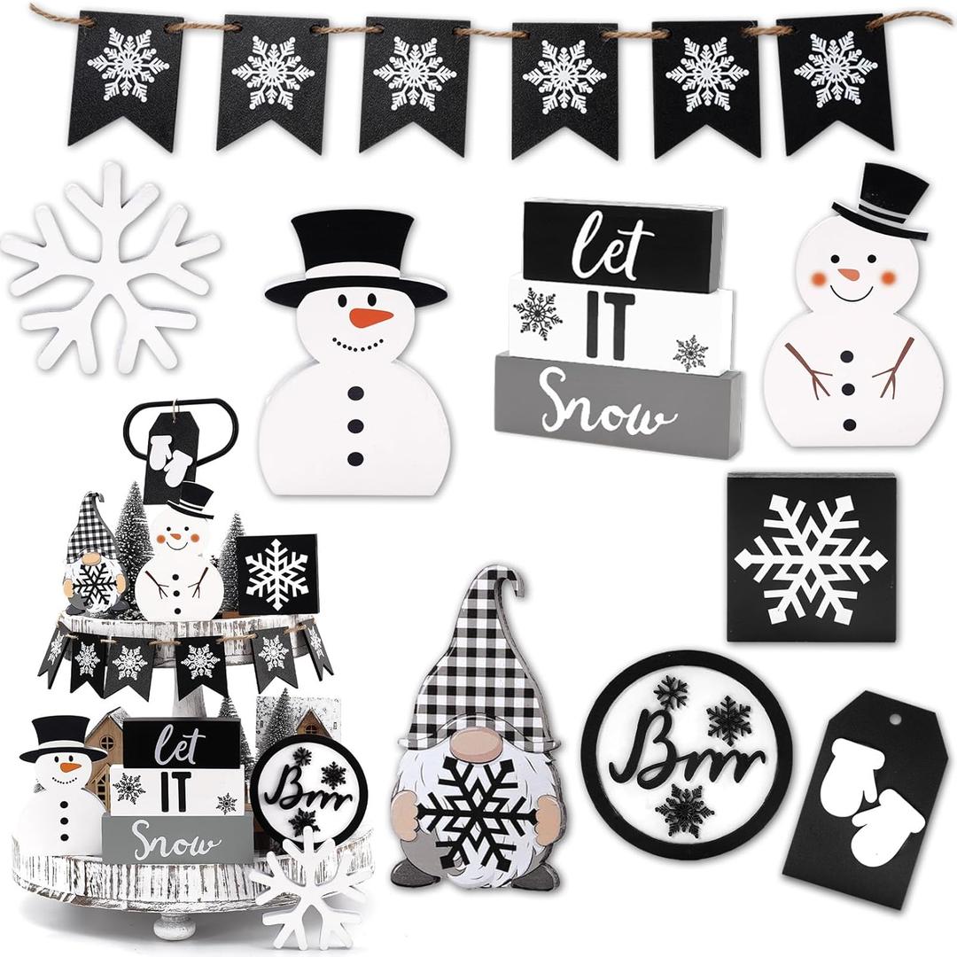 16pcs Christmas Tiered Tray Decor Wooden Signs Let It Snow Snowflake Snowman Gnome Plaid Farmhouse Xmas Table Decorations for Home Table Shelf (Black and White)