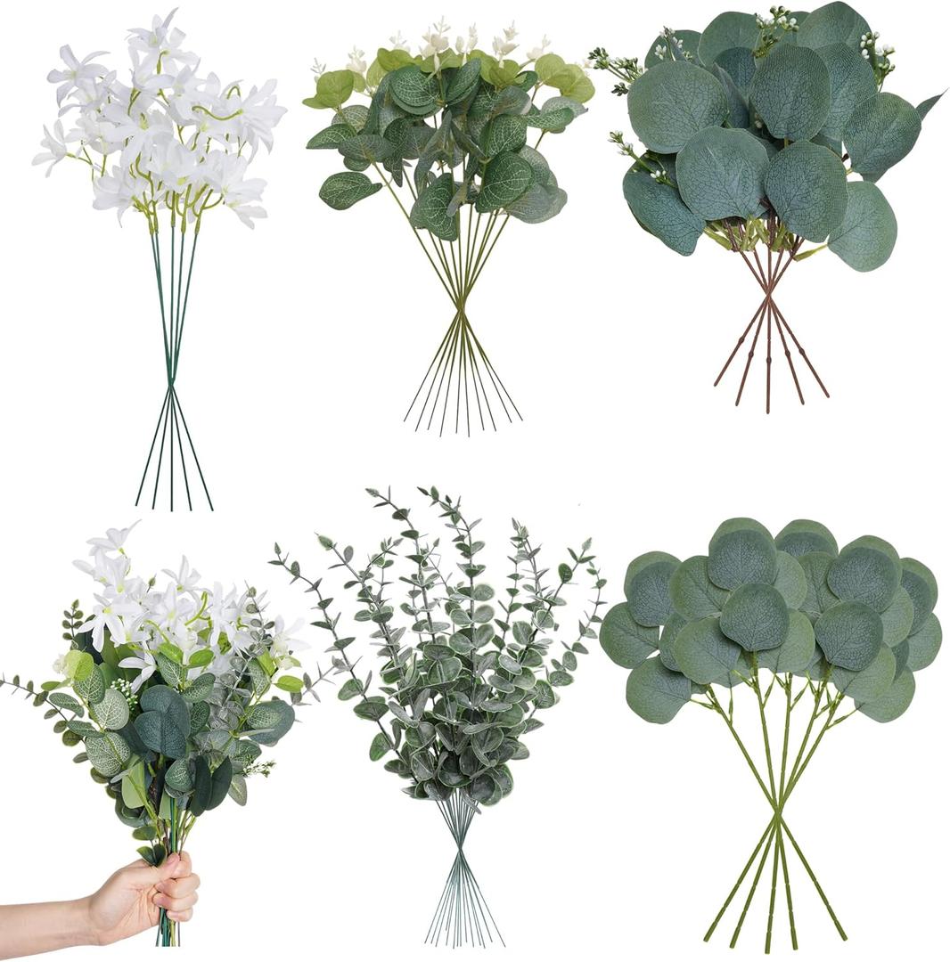 jiebor Eucalyptus Greenery Stems Fake Faux Silk Plastic Artificial White Flowers Leaves Plants for DIY Bouquets Floral Arrangement Centerpiece Wedding Shower Engagement Tables Home Farmhouse Decor 40