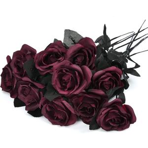 Artflower 10 Pack Artificial Silk Roses Bouquet with Long Stem, 16'' Wine Red Rose Lifelike Fake Rose Flowers for Christmas Wedding Birthday Party Table Centerpieces Decor