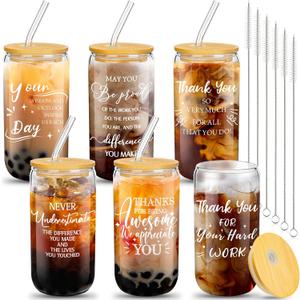 6 Set Employee Appreciation Gifts Team Thank You Gifts for Staff Coworker Team 16 oz Can Shaped Beer Glass Cups with Lids Straws Brushes for Teacher(Affirmative Style)