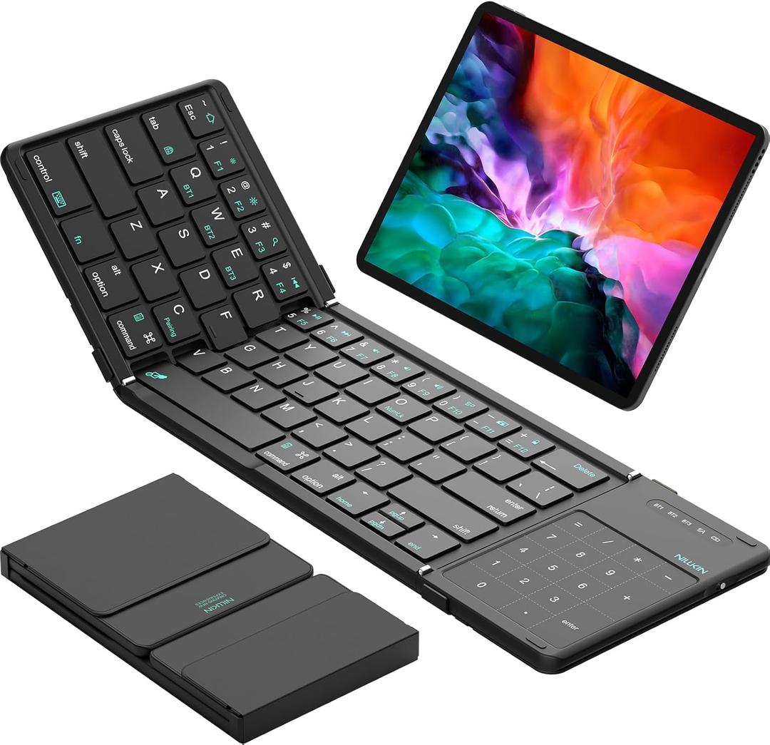 Nillkin Foldable Bluetooth Keyboard with Touchpad & Number Pad, Portable Bluetooth Keyboard with Full Size Keys, Pocket-Sized Wireless Travel Keyboards for iPad, Smartphone, Tablet and Laptop Black