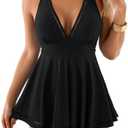 Aidonger Women's One Piece Swimdress Swimsuit Tummy Control with Cutout Skirt Bathing Suit Modest V Neck Swim Dress, Medium