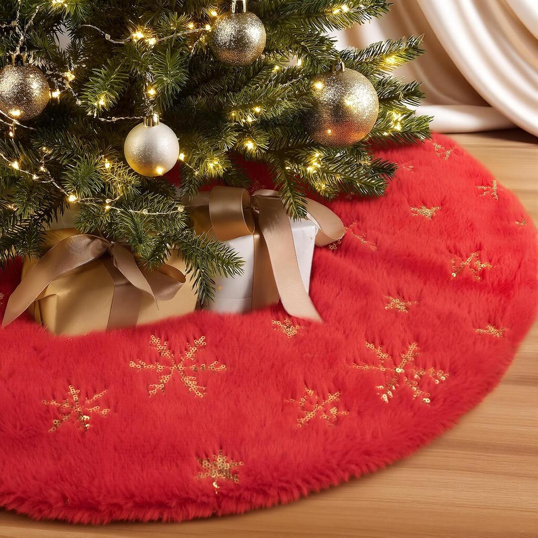 MACTING Faux Fur Christmas Tree Skirt with Gold Sequin Snowflakes 28 Inch Red Plush Skirt Fluffy Soft Double Layer Small Tree Mat Base Cover for Merry Christmas Party Holiday Xmas Tree Decorations