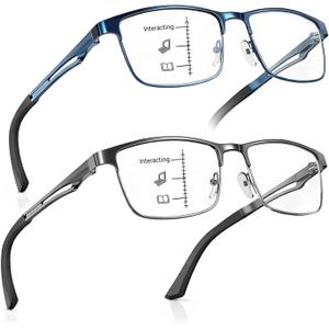 SKYFUEN Progressive Reading Glasses Men Multifocus Metal Frame No-Line Anti-Blue Light Computer Readers with Spring Hinges, +300