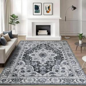 WILLSUN Washable Area Rugs, 5x7 Non-Slip Boho Large Area Rugs for Living Room, Bedroom, Machine Washable Vintage Rug, Indoor Floral Print Carpet for Home Decor, Kid & Pet Friendly Mat (Grey)