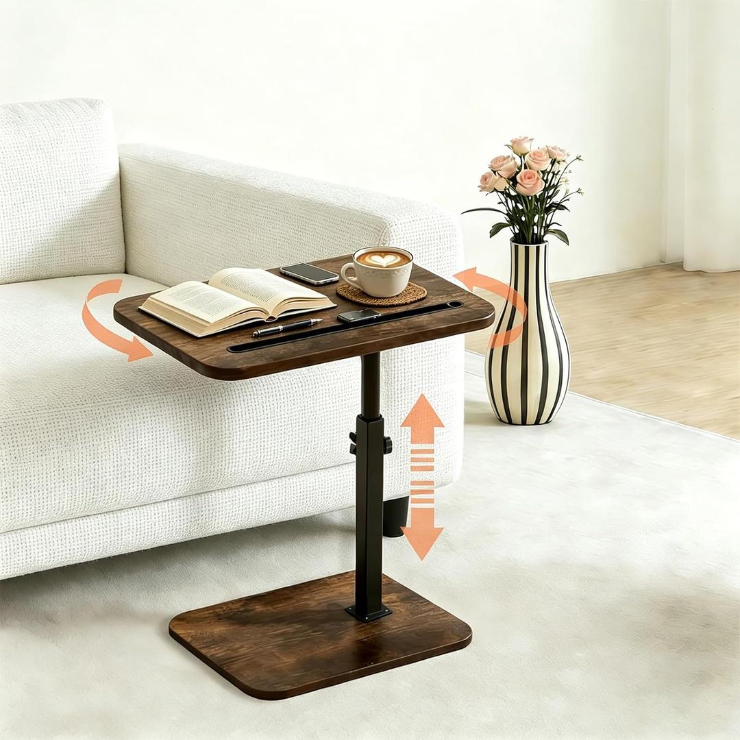 JWITESYN TV Tray Table for Couch, 360° Swivel Height Adjustable Couch Table, C Shaped End Table Slides Under Sofa, Snack & Laptop Side Tray for Small Spaces, Rustic Brown