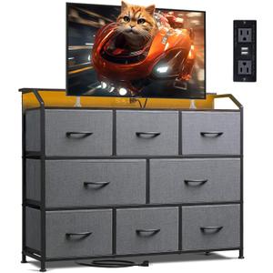 WLIVE Dresser TV Stand with Power Outlets, Led Dresser for Bedroom, Fabric Chest of Drawers with Double Open Shelves, Wood Top, Steel Frame, 6 Drawer Dressers for Closet, Living Room, Dark Grey
