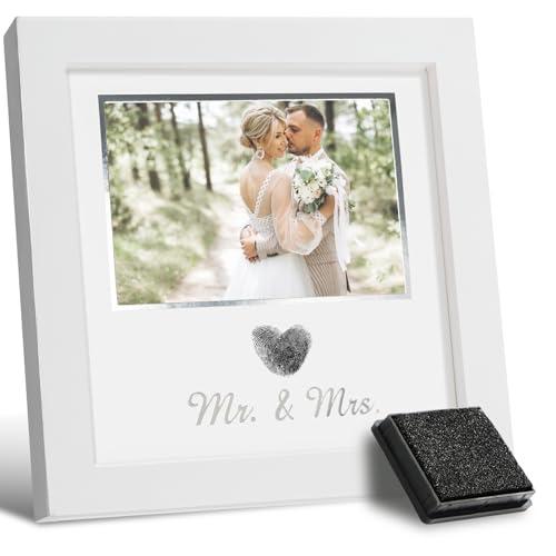 SEEBERY Heart Thumbprint Wedding Picture Frame with Ink Kit, Engagement Gifts for Couples Keepsake Wedding Registry Search Personalized Bridal Shower Gifts for Mr And Mrs Newlywed (White)