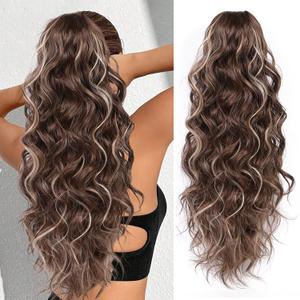26 Inch Ponytail Extension,Claw Clip in Ponytail Hair Extension, Long Curly Wavy Clip on Pony Tails Hair Extensions for Women (Medium Brown with Blonde Highlights)