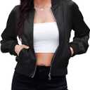 Zando Bomber Jacket Women 2025 - Lightweight Cropped Jacket Zip Up Casual Striped Women Jackets Trendy Outerwear with Pockets (Large, Black)