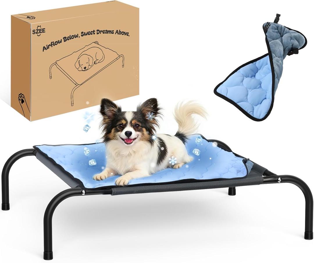SZEE Raised Dog Bed with Detachable 2-Sided Cooling/Warming Waterproof Mat, Elevated Dog Cot Bed for Small Sized Breeds with Durable Steel Frame & Sturdy Teslin Mesh, Outdoor & Indoor All-Season Use