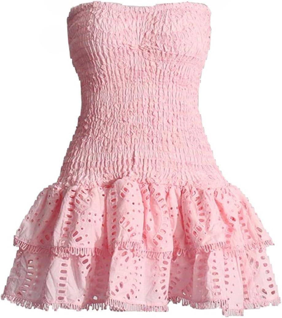 Tube Top Preppy Dress Women Y2k Blue Floral Strapless Mini Dress Vintage Short Going Out Dresses (Pink, S)