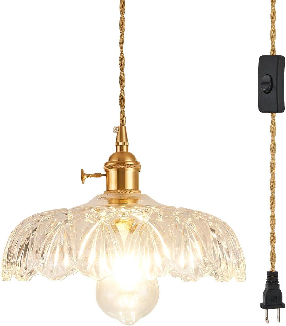 Glass Plug in Pendant Light,Vintage Copper Lamp Holder Hanging Lamp,Pendant Light for Kitchen Island, Bedroom, Dining Room, Living Room (9.65in)