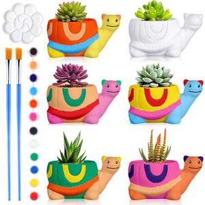 Pasimy 6 Set DIY Ceramic Succulent Planter Pots Paint Your Own Flower Pots Craft Kit Unpainted Bisque Paintable Flowerpot with Brush Palette Ready to Paint for Family Activity Gift(Turtle)