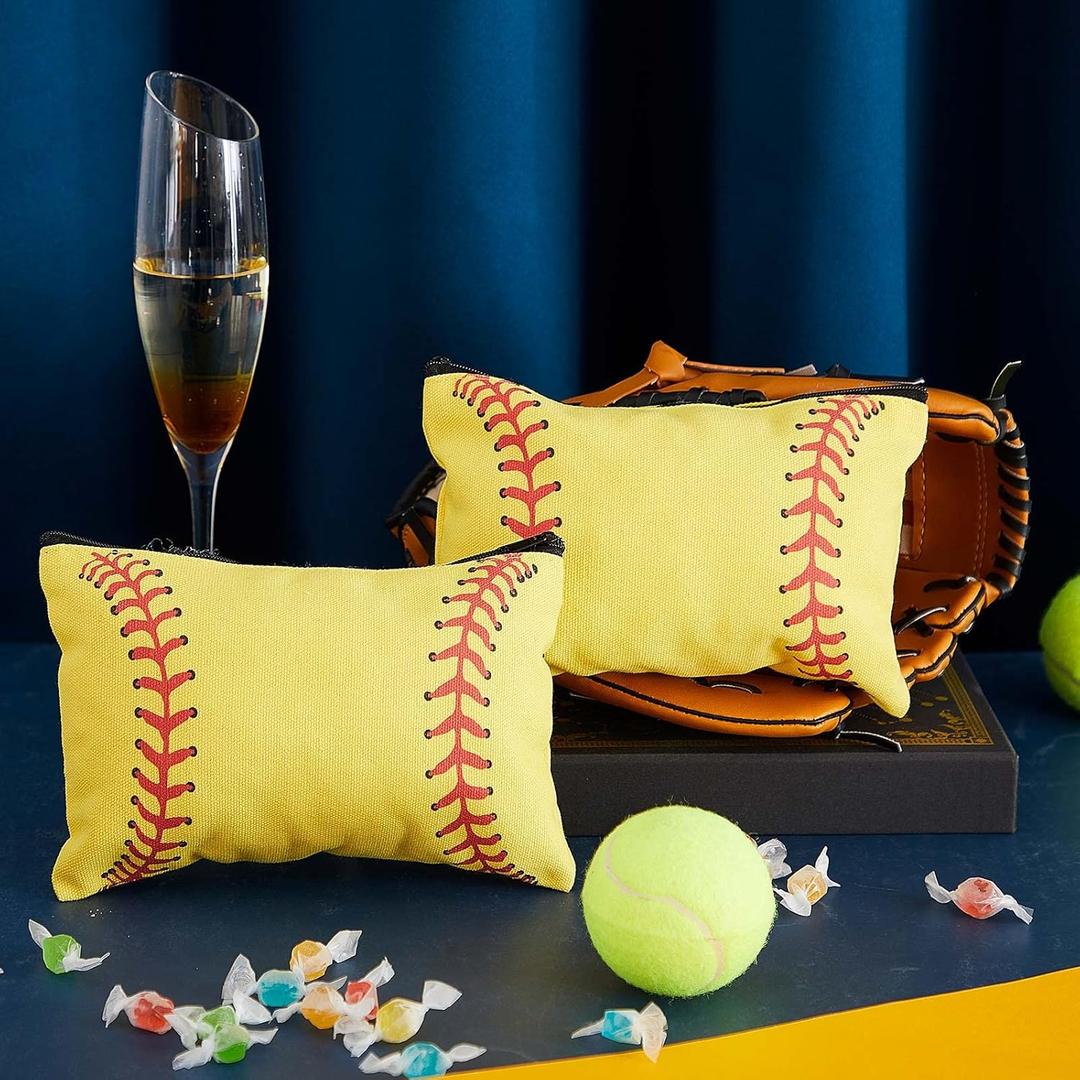 4 Pcs Softball Makeup Bag Softball Cosmetic Bag Softball Gifts for Girls Team Player Portable Travel Bags for Women Canvas Softball Goodie Bags Toiletry Softball Accessories Organizer Case Pouch