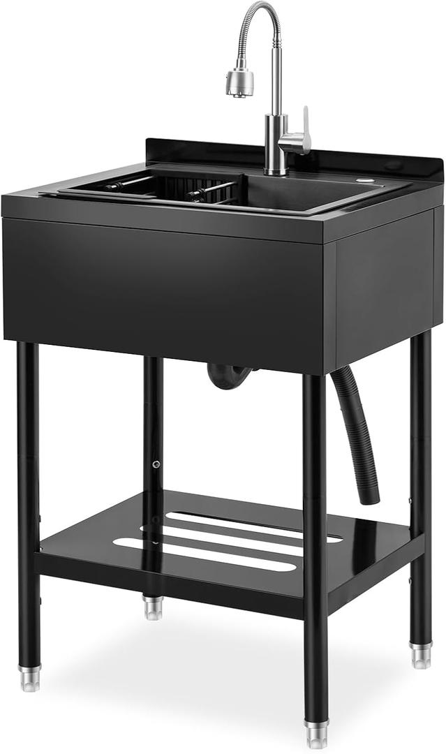 Freestanding Utility Sink, 25.6"20.5"39.4" Stainless Steel Single Bowl Kitchen Sink with Cold and Hot Water Pipe, Storage Shelf and Adjustable Legs, for Laundry Room Bathroom Farmhouse