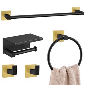 5-Piece Bathroom Hardware Set Black Gold Bathroom Hardware Accessories Set Upgraded Toilet Paper Holder with Shelf Towel Holder Set for Bathroom Stainless Steel Wall Mounted
