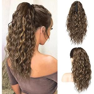 SEIKEA 18" Long Claw Highlight Ponytail Extension, PT002 Tia Multi Layered Hair Wavy Curly Fluffy Thick Jaw Clip in Hair Extensions Ponytail Soft Natural Hairpiece Medium Brown Dark Blonde Highlights