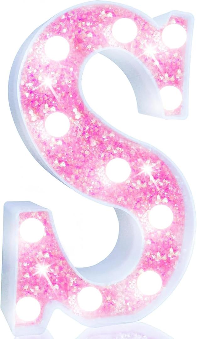 Pooqla LED Marquee Letter Lights, Light Up Pink Letters Glitter Letter Sign for Girls Gifts, Battery Powered for Night Light Birthday Party Wedding Home Bar Christmas Decoration, Cool White Pink S