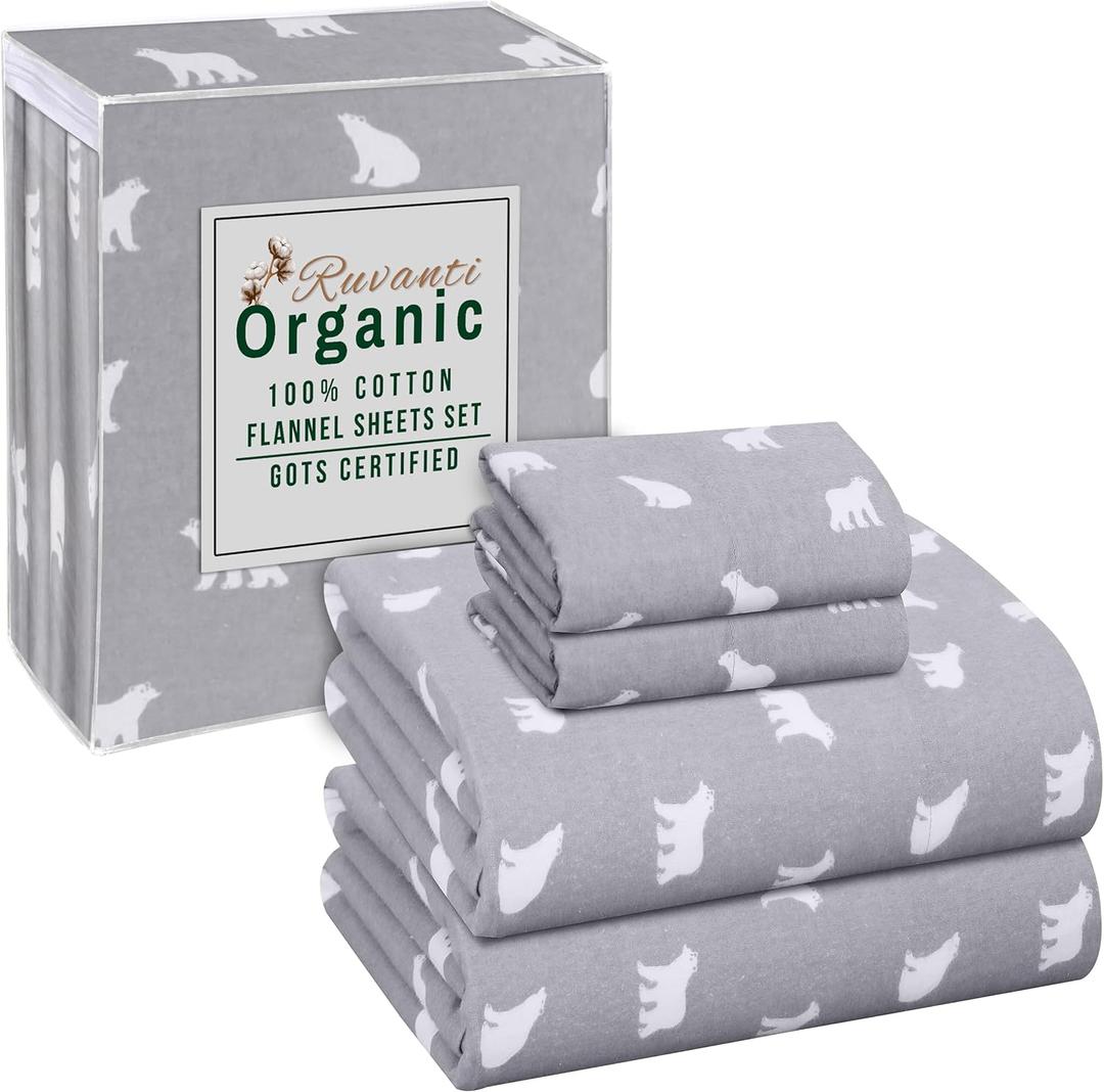 RUVANTI Flannel Sheets Queen Size - GOTS Certified 100% Organic Cotton, 4 Piece Warm, Soft & Breathable Set, Deep Pocket Snug Fit, Double Brushed Cozy All Season Bedding, Baby Bear