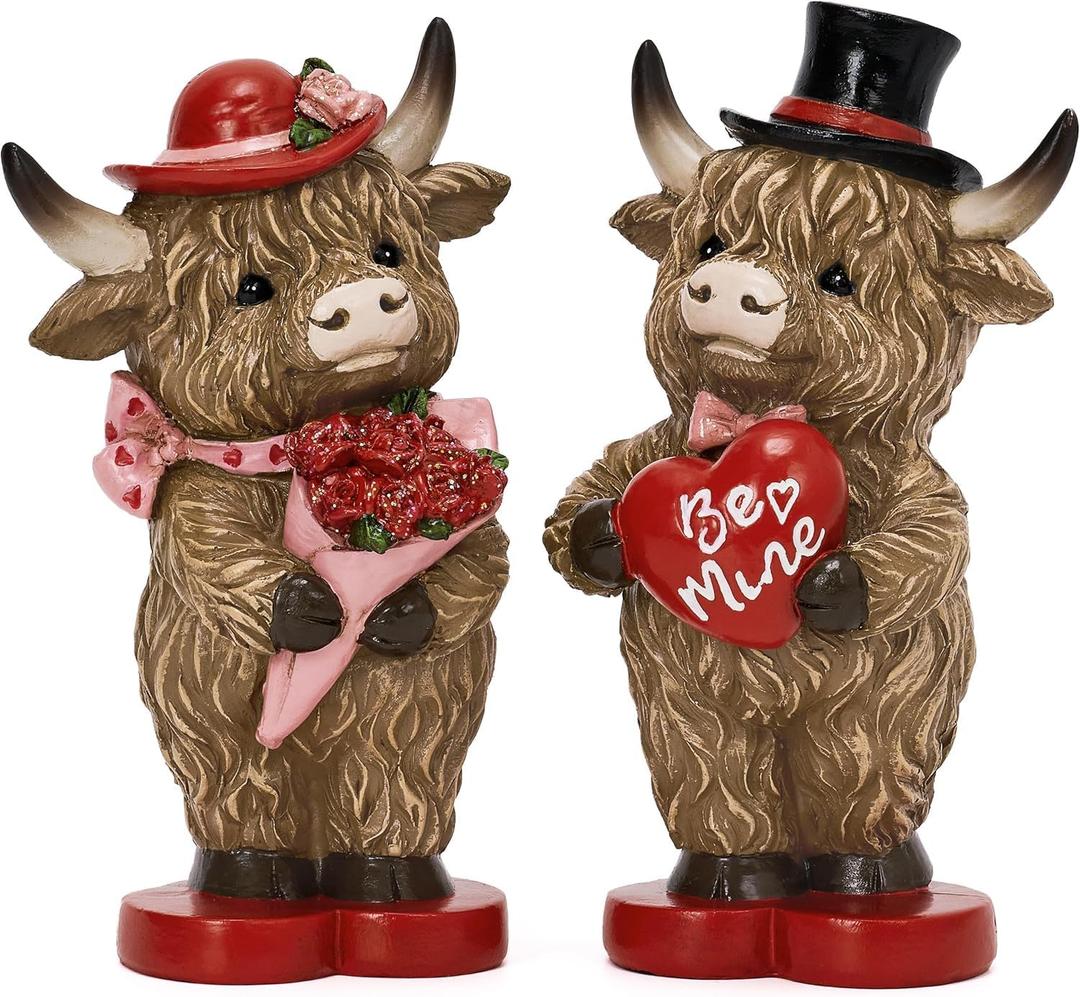 Valery Madelyn 2Pcs Valentines Highland Cow Decor, Cute Romantic Brown Calf Resin Handmade Figurines for Tiered Tray Table Home Decor, Valentines Gifts for Him Her Wedding Anniversary, 4 Inch (Medium)