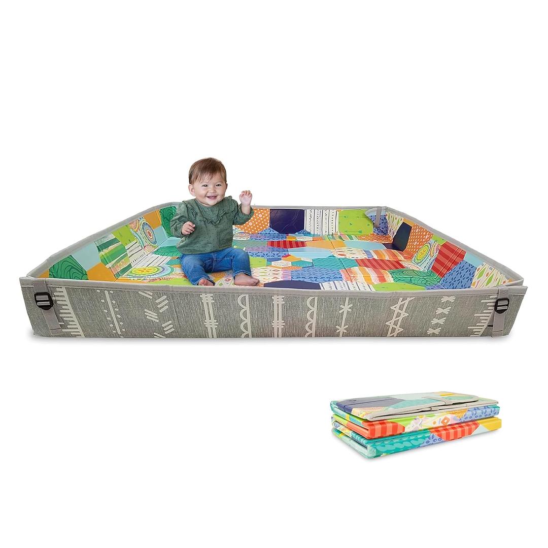 Infantino Foldable Soft Foam Play Mat, Reversible 57x57 Baby Mat for Floor Time, Lightweight, Portable & Easy to Store, Water Resistant, Wipeable, Multicolor