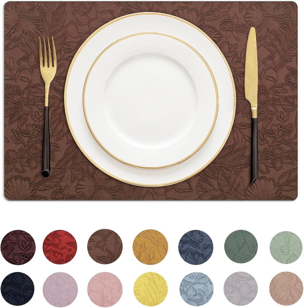 Romanstile Vinyl Placemats Set of 8-12 X 17 Inch - Heat Resistant Non-Slip Embossed Floral Place Mats 100% Waterproof Oilproof Wipeable Faux Leather Table Mats for Kitchen/Dining/Party, Brown