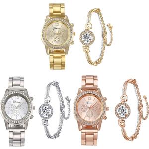 3 Pcs Elegant Diamond Watches and Bracelet Set for Women Classic Round Dial Rehinestore Bezel Analog Quartz Ladies Watches