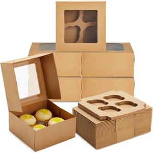Juvale 24 Pack 6 Count Cupcake Boxes with Windows - To Go Containers for Bakery, Desserts, Muffins (Kraft Paper, 3.7x4.2x3.7 in)
