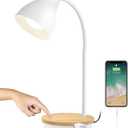 LALISU Metal Desk Lamp Wireless Charging Table Lamp Touch Reading Lights Arc Desk Lamps for Bedroom, 3 Way Dimmable Bedside Lamp with USB Charging Ports Lamp for Study Room and Office (Touch-White)