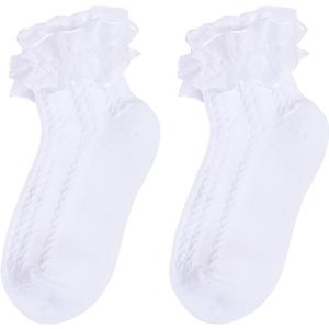 1 Pack Girls White Ruffle Socks, Comfortable Cotton Frilly Princess Style Dress Socks (White)