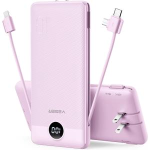 VEGER Portable Charger for iPhone Built in Cables and Wall Plug, 10000mah Slim Fast Charging USB C Power Bank, Travel Essential Battery Pack Compatible with iPhones, iPad, Samsung More Devices(Purple)