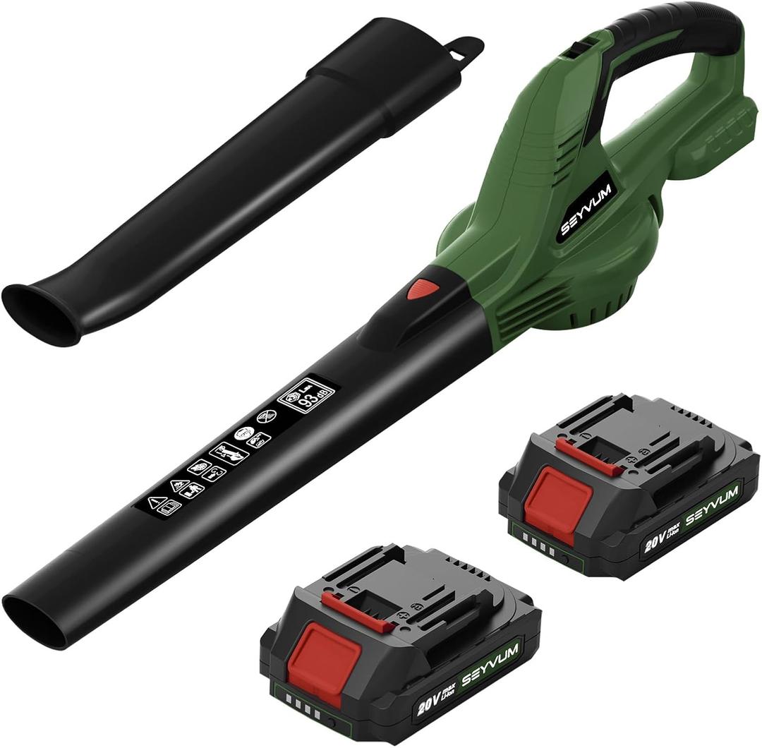 SEYVUM Leaf Blower, 20V Cordless Blower with 2 x 2.0Ah Battery, Electric Leaf Blowers for Lawn Care, 320 CFM 150 MPH Battery Powered Leaf Blower, for Patio, Garden Cleaning, Fast Charger, Dark Green