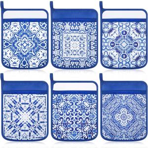 Hushee 6 Pcs White and Blue Pot Holders for Kitchen Chinoiserie Pot Holder Farmhouse Boho Potholders Spring Hot Pads for Kitchen Resistant Oven Mitts Baking Cooking Pocket Potholders for Women Gifts