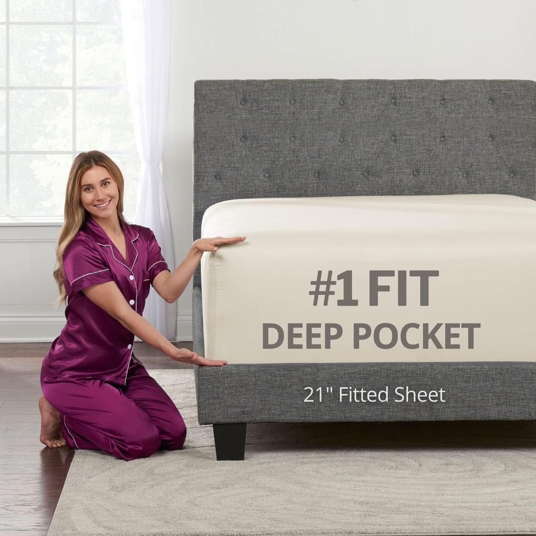 Deep Pocket Queen Fitted Sheet 17 - 21 Inch + Extra Deep Pocket Fitted Sheet Only - 1 Fitted Bed Sheet with Deep Pockets for Pillow Top Mattress - Queen Size Fitted Sheets - Ivory (Off White)