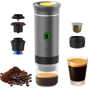 Decdeal Cordless Coffee Machine for Car Home Travel 3 in 1 Electric Coffee Maker Work With Capsule and Ground Coffee 15Bar Mini Cold Brew and Heating Coffee Maker with 150ml Cup (Gray)