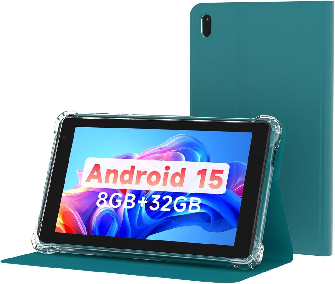 PEICHENG Tablet with Protective Case, 7" IPS 1024 * 600 Android 15.0 Tab PC RAM 8GB(3+5Expand)+ROM 32GB Bluetooth 5.0 WiFi6 2.4G+5G 2MP+5MP Dual Cameras (Blue)