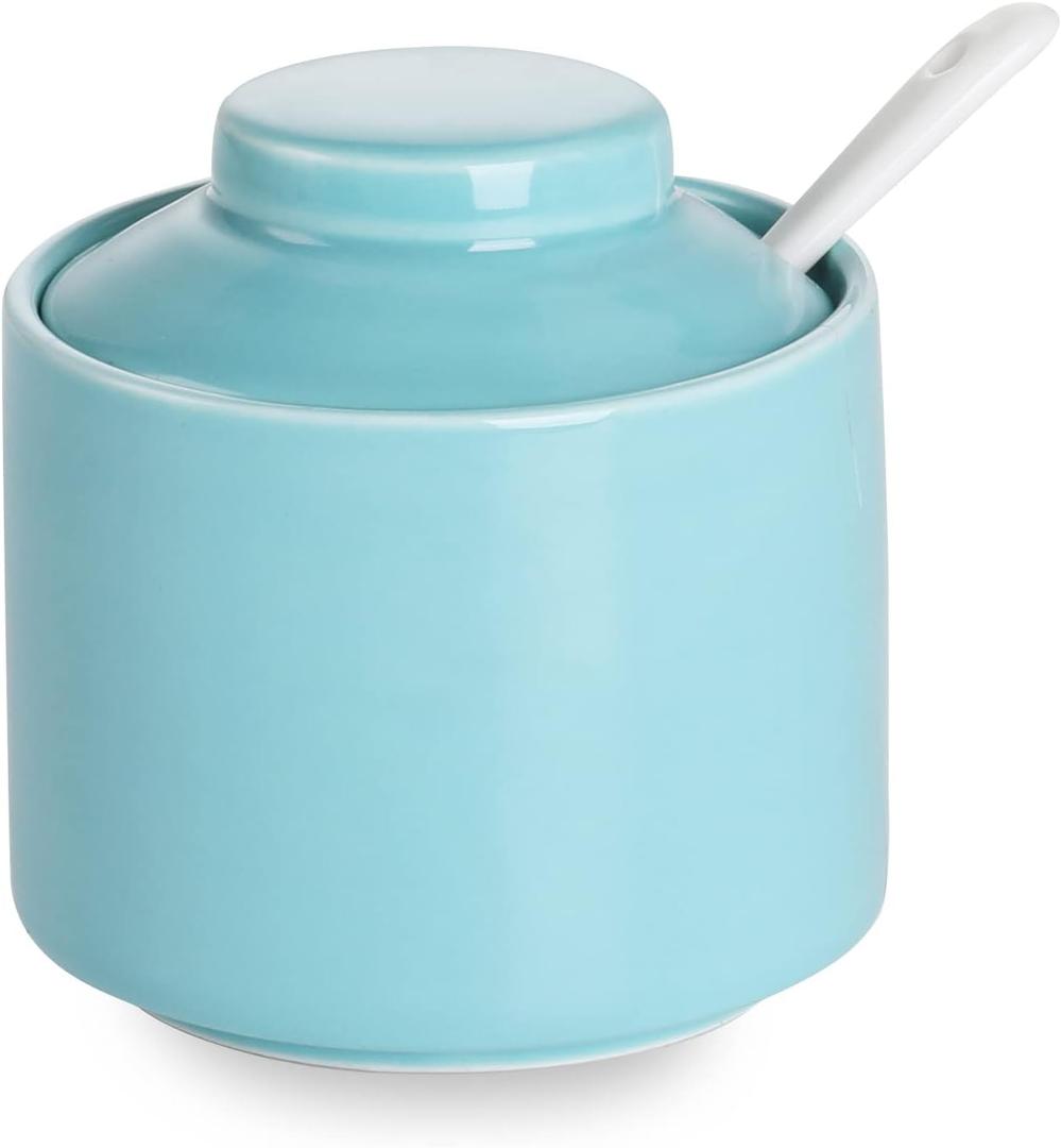 ONTUBE Ceramic Sugar Bowl with Lid and Spoon,Porcelain Seasoning Box Salt Bowl,8oz Turquoise Blue