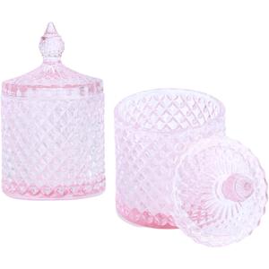 10 oz Glass Canister Set for Qtips, Cotton Swabs, Floss Dispenser & Round Pads - 3 Piece Vanity Organizer - Bathroom Countertop Storage Jars（Pink）
