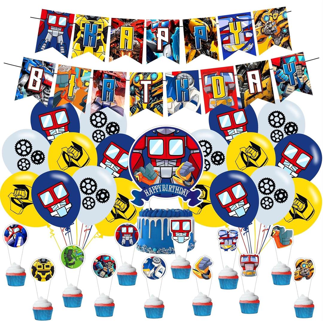Cartoon For Robot Party Supplies,Birthday Decorations Set Include Banner, Balloons, Hanging Swirls, Cake Cupcake Toppers for Boys Girls Party
