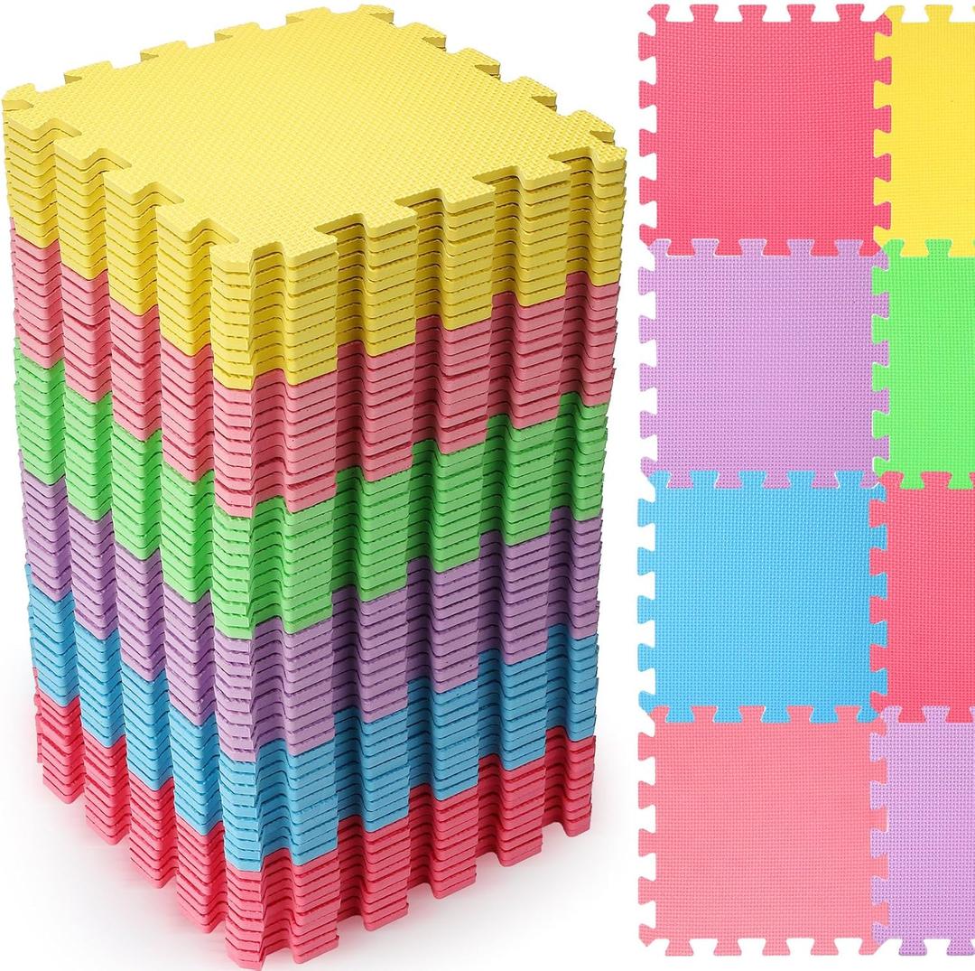 Nuanchu 60 PCS Kids Foam Puzzle Floor Mat Bulk - Solid Color Foam Play Mat with Borders Interlocking Multi Use Floor Rug for Children, 12 Inch(Colorful)