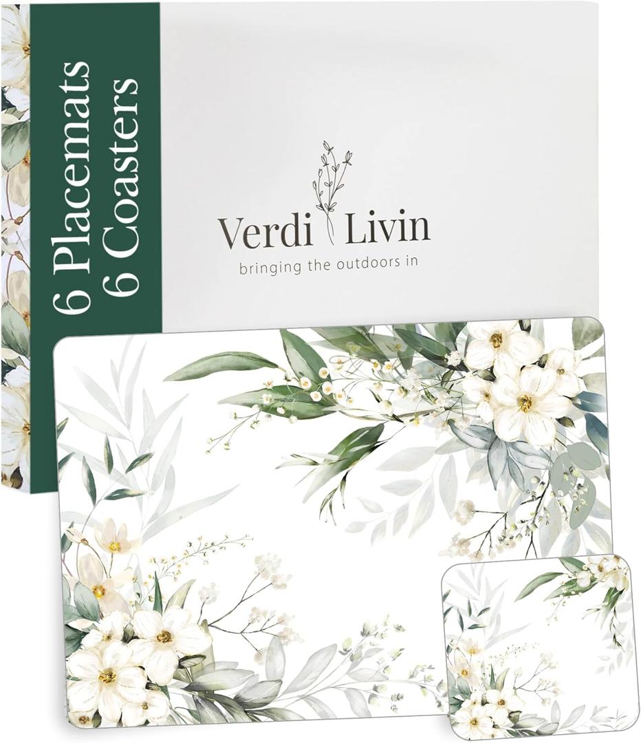 Cork Placemats Set of 6 Matching Coasters I Heat Resistant Place Mats for Dining Table 16" x 12", Cork Backed, Wipeable White Lily Design