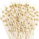 200 Pcs Cocktail Picks, 4.7 Inch Toothpicks for Appetizers, Bamboo Cocktail Sticks Skewers for Drinks, Desserts, Charcuterie, Wedding Party Fancy Toothpicks, Gold Pearl Mini Food Picks Decorative