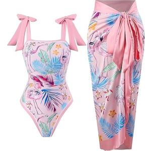 Cerdexon One Piece Bathing Suit for Women with Beach Cover up Wrap Skirt Swimsuit Sarong Retro Floral Print Bikini Set (US, Alpha, 3X-Large, Regular, Regular, Flamingo Pattern)